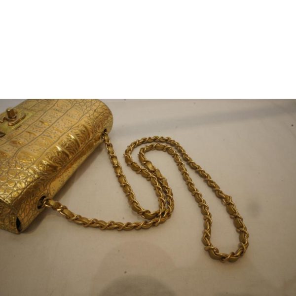 89753 4 Chanel Gold Croco Embossed Single Flap Chain Shoulder Bag