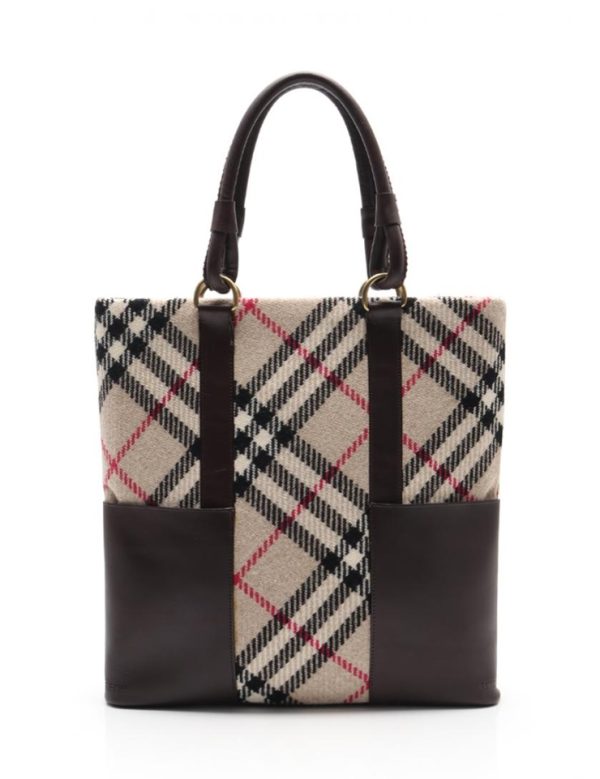 903123002026 1 Burberry Wool Leather Tote Bag Beige Dark Brown Check