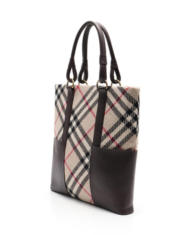 903123002026 2 Burberry Wool Leather Tote Bag Beige Dark Brown Check