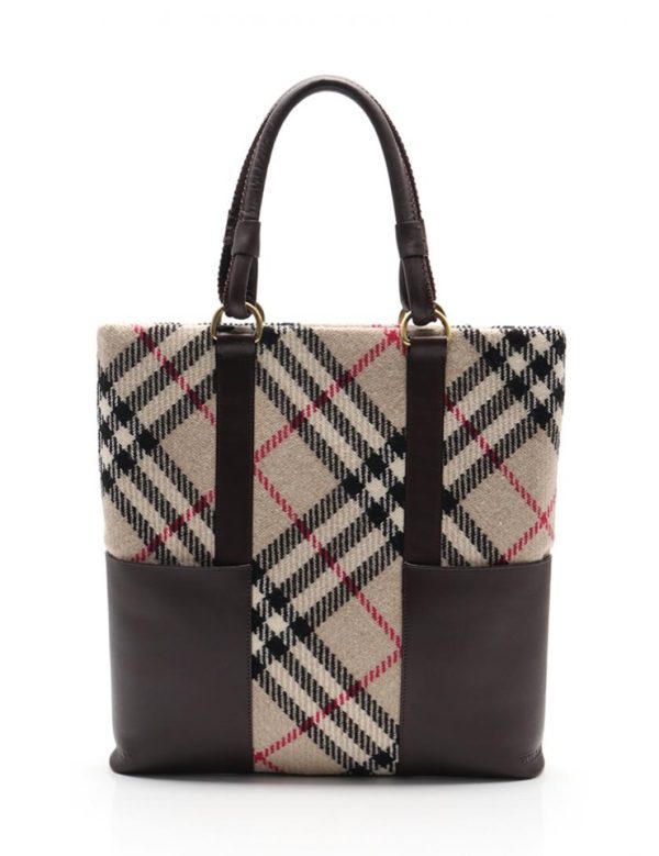 903123002026 3 Burberry Wool Leather Tote Bag Beige Dark Brown Check