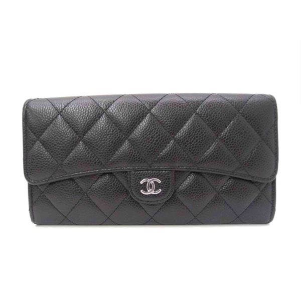 90988 1 Chanel Matelassé Caviar Skin Bifold Long Wallet Black