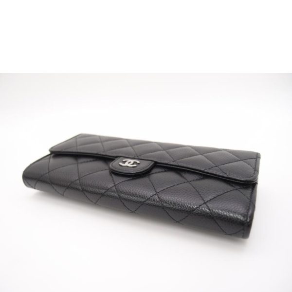 90988 3 Chanel Matelassé Caviar Skin Bifold Long Wallet Black