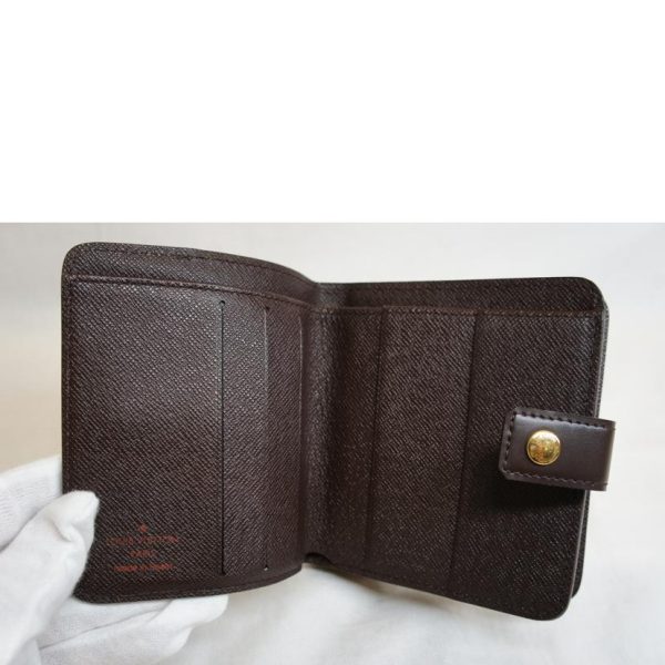 91077 4 Louis Vuitton Compact Zip Damier Ebene Wallet Brown