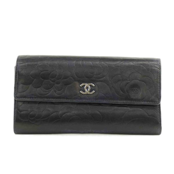 91102 1 Chanel Camellia Leather Long Wallet Black