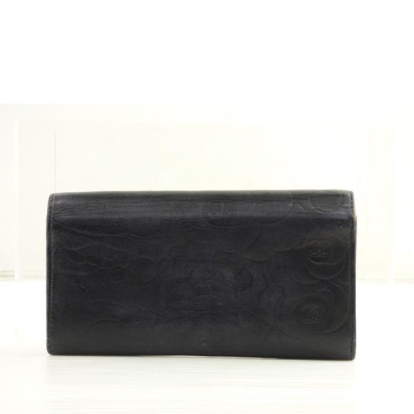 91102 2 Chanel Camellia Leather Long Wallet Black