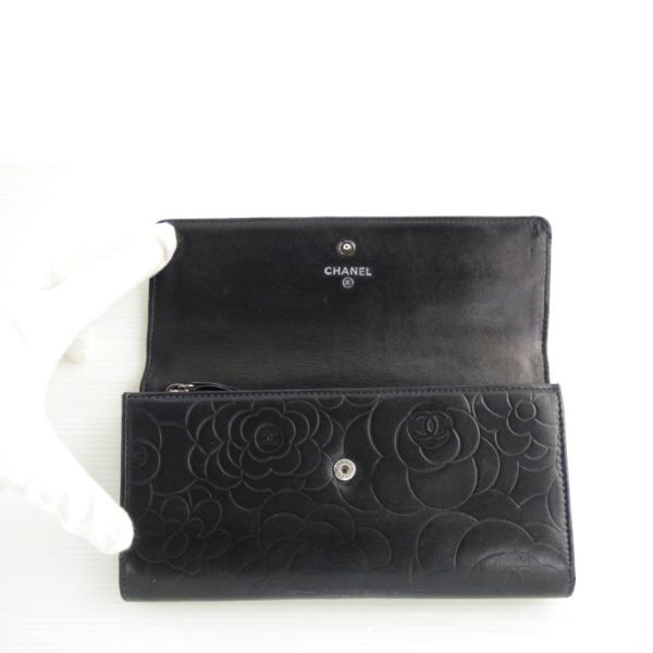 91102 4 Chanel Camellia Leather Long Wallet Black