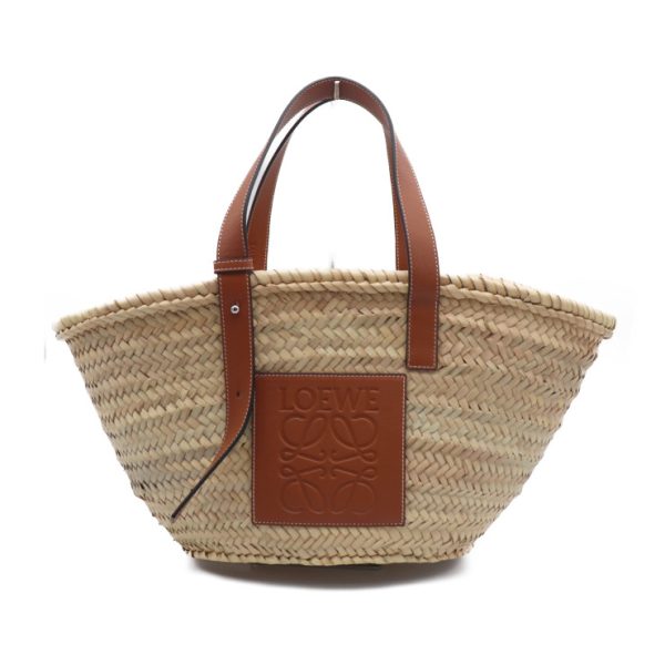 919063007269 1 Loewe Raffia Leather Basket Bag Beige Brown