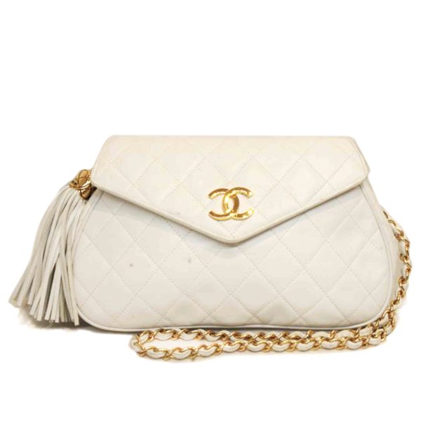 92364 1 Chanel Lambskin Matelassé Chain Shoulder Bag with Fringe White