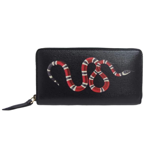 97277 1 Gucci King Snake Leather Round Zipper Long Wallet Black