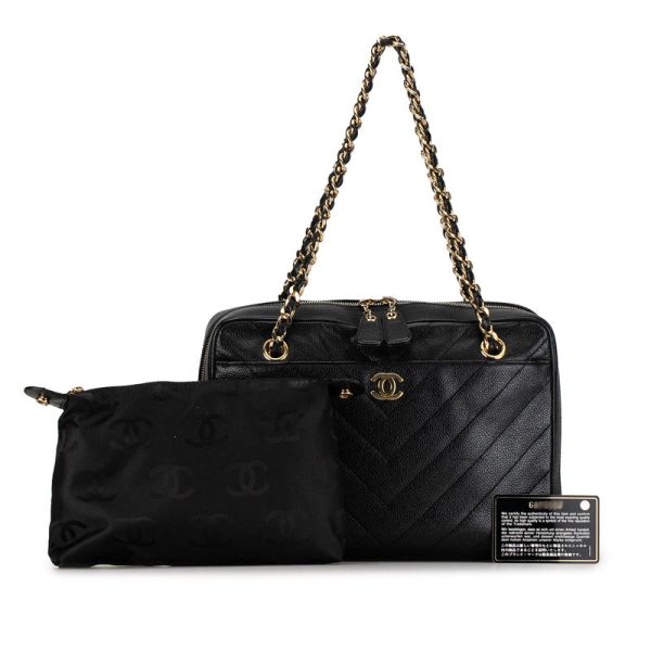 9xe3xdpddio55b4z 14 CHANEL Cocomark V Stitch Double Flap Chain Shoulder Bag Black Caviar Skin