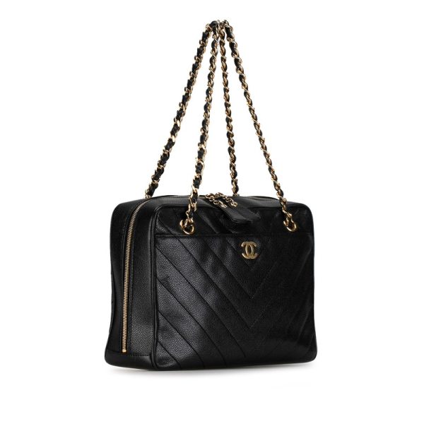 9xe3xdpddio55b4z 2 CHANEL Cocomark V Stitch Double Flap Chain Shoulder Bag Black Caviar Skin