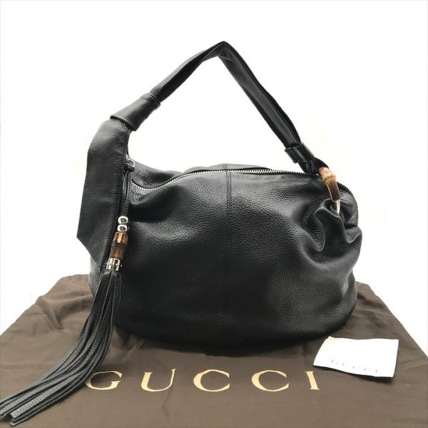 a4219 1 Gucci Bamboo Tassel Hobo Bag Leather Black