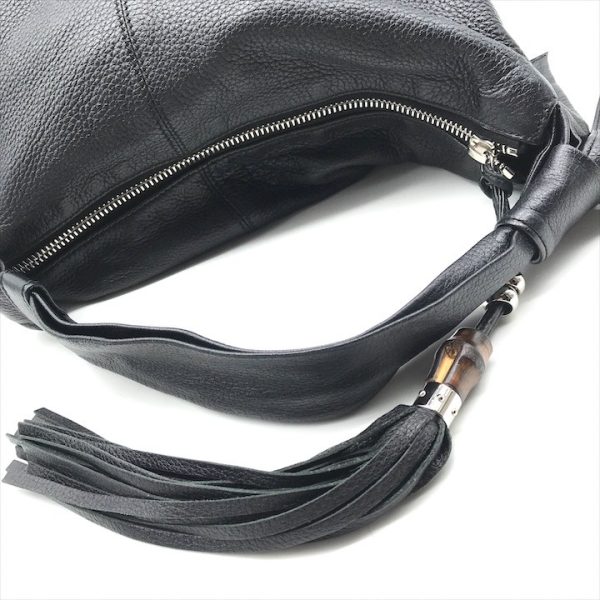 a4219 6 Gucci Bamboo Tassel Hobo Bag Leather Black