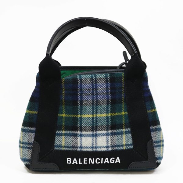 brb35500068 1 Balenciaga Plaid Small Navy Hippo Handbag Fabric Green