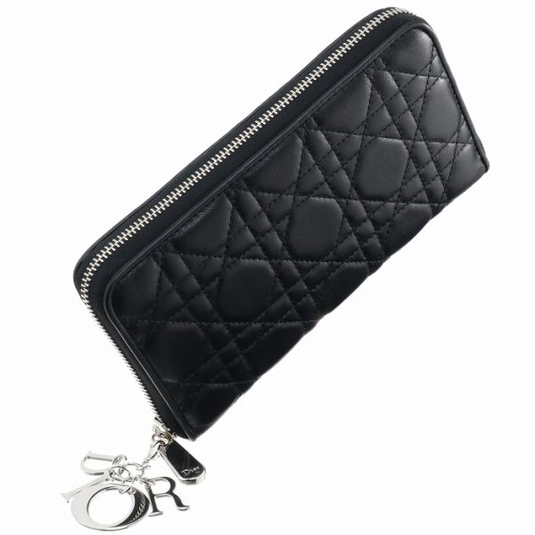 cal43047p0008n0a1 Christian Dior Lady Dior Round Zipper Long Lambskin Wallet Bag Black