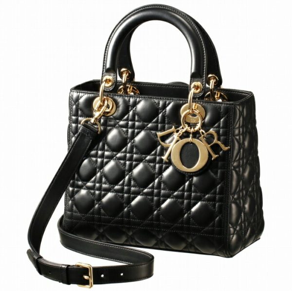 cal445500001no Christian Dior Lady Dior Cannage Shoulder 2Way Lambskin Bag Black