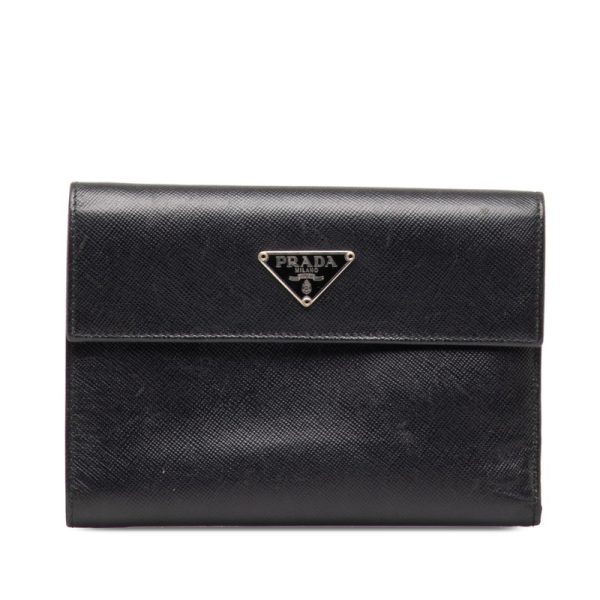 cdcxbt1i0ztf5esh 1 Prada Saffiano Triangle Logo Plate Trifold Wallet Black Leather