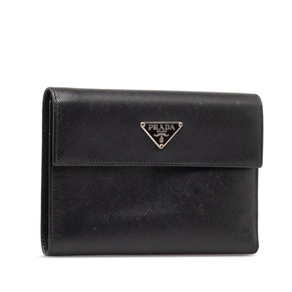 cdcxbt1i0ztf5esh 2 Prada Saffiano Triangle Logo Plate Trifold Wallet Black Leather