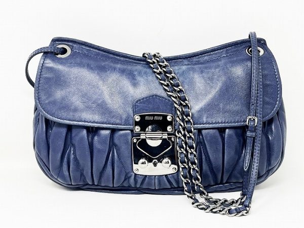 compass1710471162 Miu Miu Shoulder Bag Matelasse Nappa Leather Navy Metal