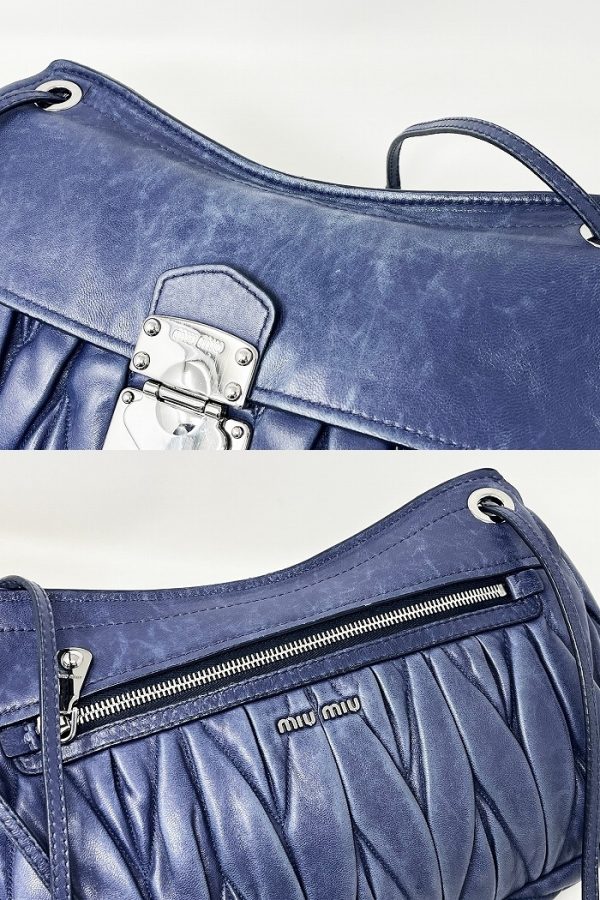 compass1710471193 Miu Miu Shoulder Bag Matelasse Nappa Leather Navy Metal