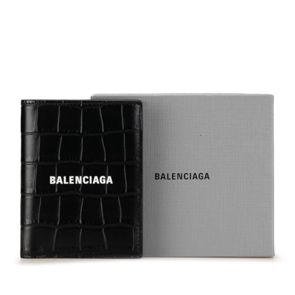 drsckradt68bf7lu 13 Balenciaga Cash Vertical Bifold Wallet Croco Embossed Black