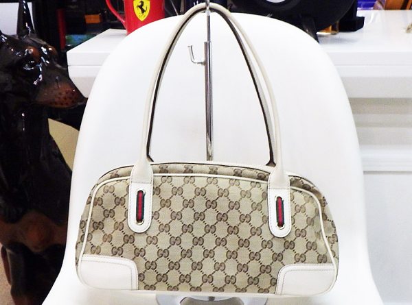 h5021 2 Gucci Canvas Leather Sherry Line Handbag