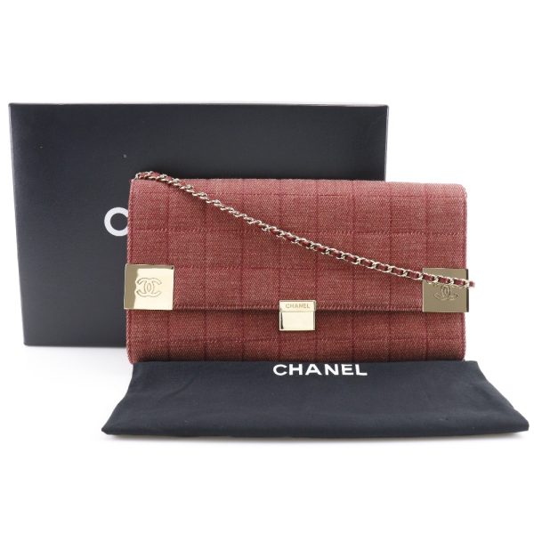 i151523105 9 CHANEL Chain Bag Chocolate Bar Line Cotton Canvas Red