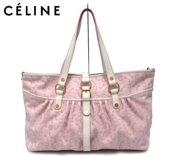 imgrc0063108691 Celine Leather Handle Canvas Macadam Pattern Tote Bag Pink