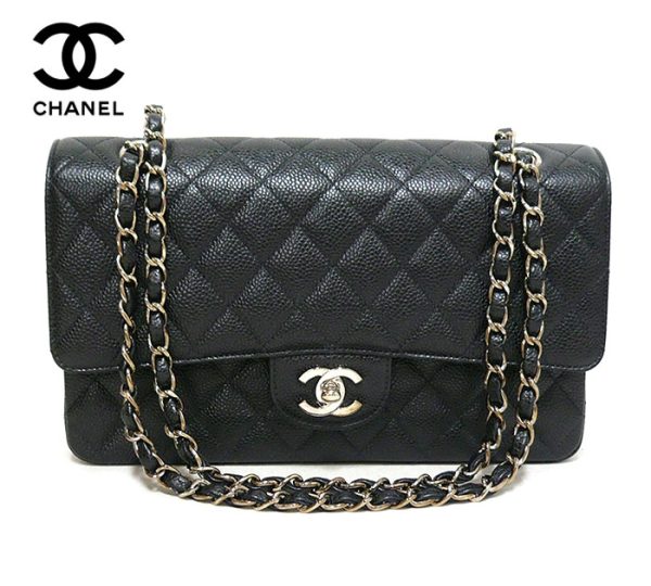 imgrc0070434405 Chanel Matelasse 25 Caviar Skin W Flap Shoulder Bag Black Silver