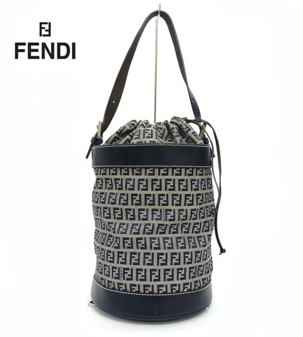 imgrc0070649383 Fendi Zucchino Pattern Drawstring Shoulder Bag Navy Gray