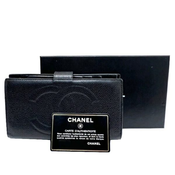 imgrc0084432168 CHANEL Caviar Skin Long Wallet COCO Logo Black Gold Hardware