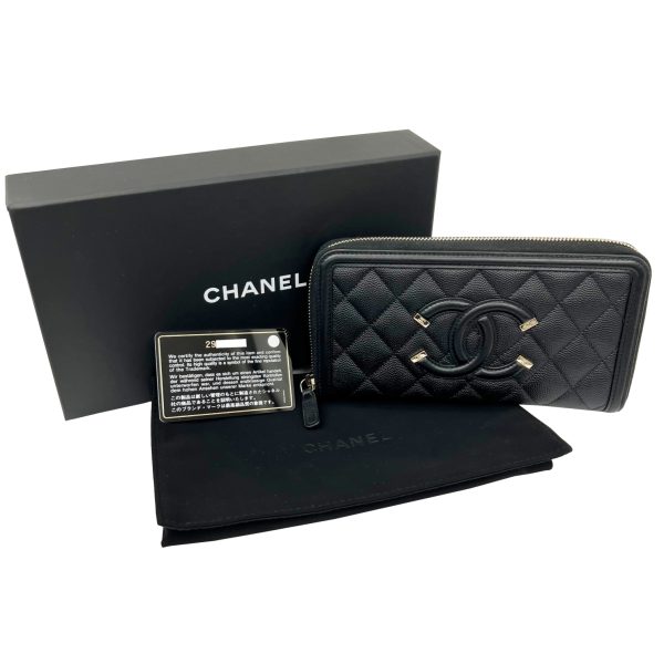 imgrc0090145677 CHANEL CC Filigree Round Long Wallet Caviar Skin Black