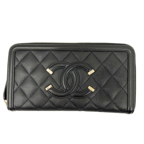 imgrc0090145679 CHANEL CC Filigree Round Long Wallet Caviar Skin Black