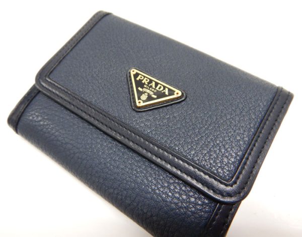 imgrc0093315227 Prada Saffiano Triangle Plate Trifold Wallet Navy