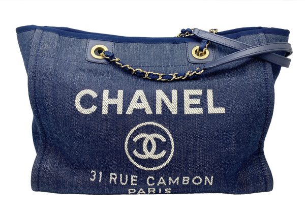 imgrc0095732851 CHANEL Deauville MM Chain Tote Bag Canvas Leather Navy