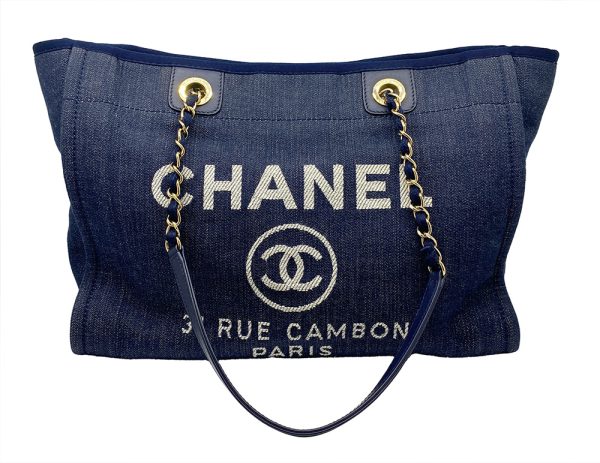 imgrc0095732852 CHANEL Deauville MM Chain Tote Bag Canvas Leather Navy