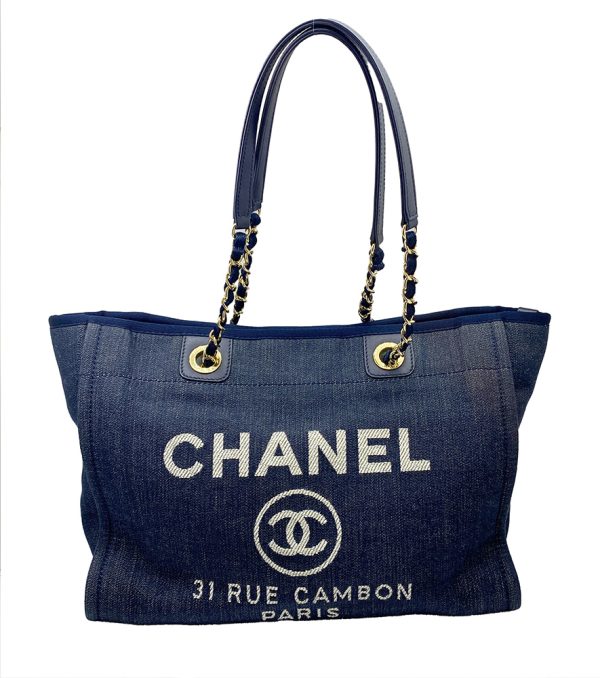 imgrc0095732853 CHANEL Deauville MM Chain Tote Bag Canvas Leather Navy