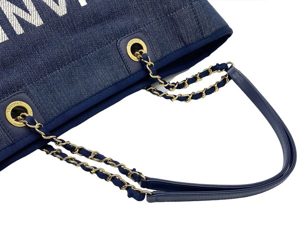 imgrc0095732857 CHANEL Deauville MM Chain Tote Bag Canvas Leather Navy