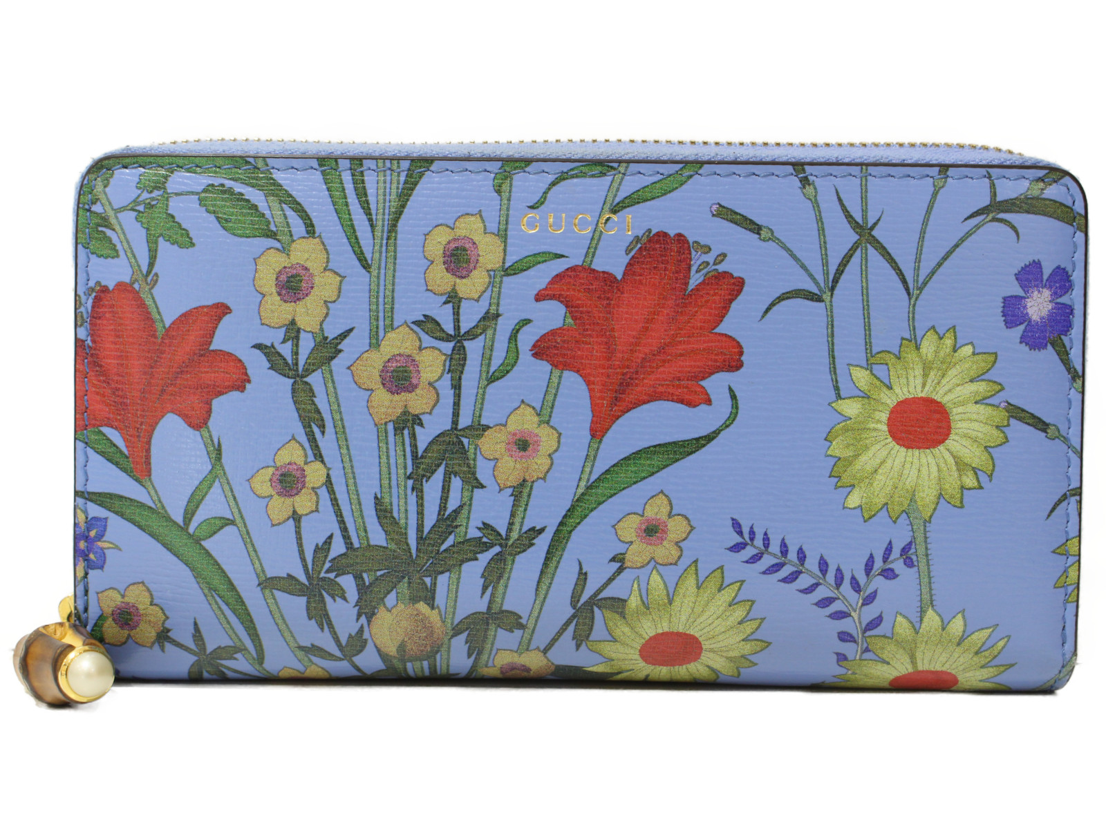 Gucci Round Zipper Long Wallet Floral Pattern Blue jUSTBAG Justbag.Net