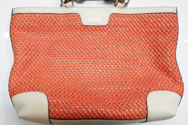 j5261 2 Gucci Bamboo Straw Leather Tote Bag Orange