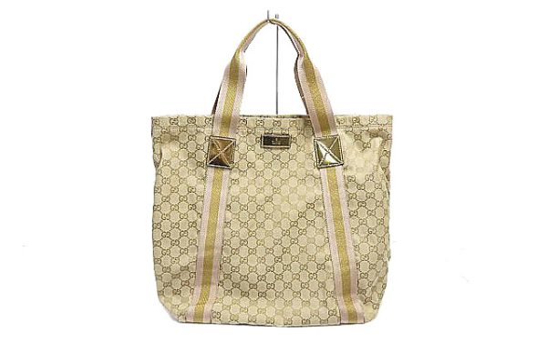 kk5742 1 Gucci GG Canvas Leather Tote Bag Beige