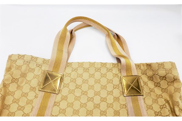 kk5742 2 Gucci GG Canvas Leather Tote Bag Beige