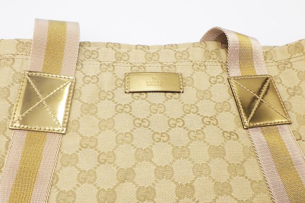 kk5742 4 Gucci GG Canvas Leather Tote Bag Beige