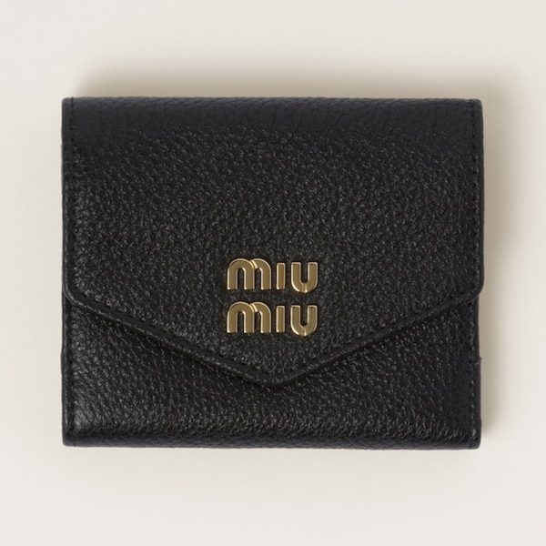 miu 0386 1 MIU MIU Vitello Dyno Leather Fold Wallet with Flap Black