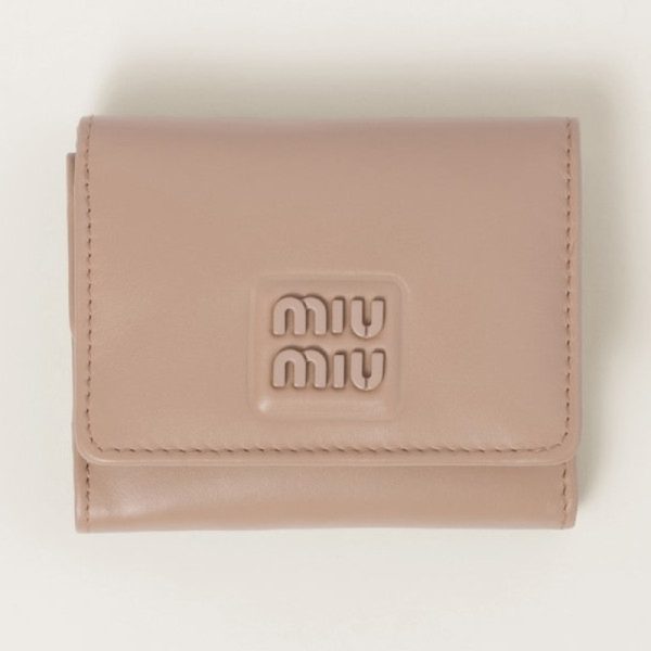 miu 0423 1 MIU MIU Soft Padded Leather Fold Wallet with Flap Cameo Beige