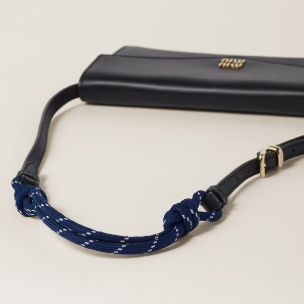 miu 0454 4 MIU MIU Leather x Cord Shoulder Strap Leather Wallet BlackNavy