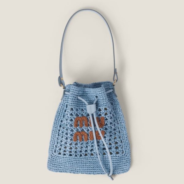 miu 0458 1 Miu Miu Woven Fabric Mini Bag Light Blue Cognac