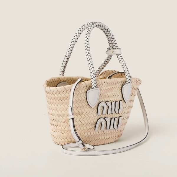 miu 0475 2 MIU MIU Woven Fabric Tote Bag White