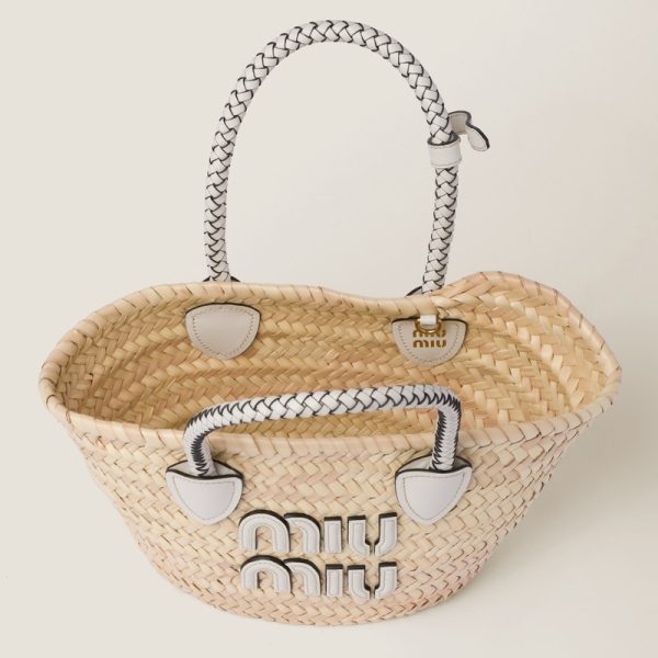 miu 0475 3 MIU MIU Woven Fabric Tote Bag White