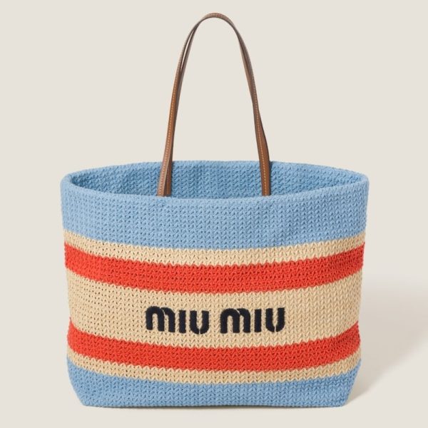 miu 0490 1 MIU MIU Woven Fabric Tote Bag BeigeBlue